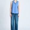 Notched Collar Sleeveless Blouse - Denim Blue