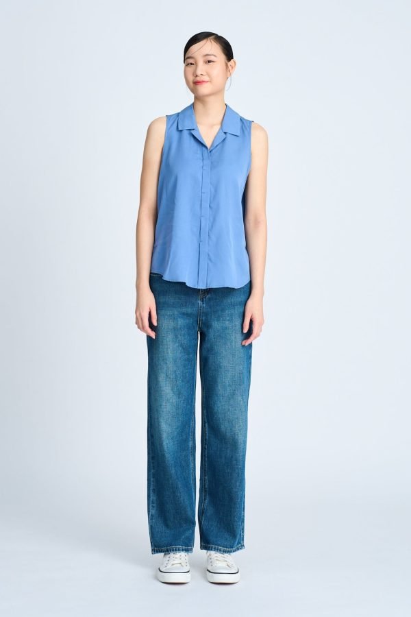 Notched Collar Sleeveless Blouse - Denim Blue