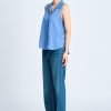 Notched Collar Sleeveless Blouse - Denim Blue