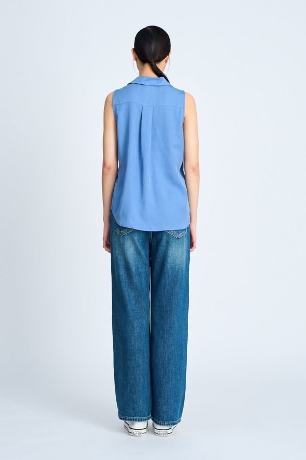 Notched Collar Sleeveless Blouse - Denim Blue