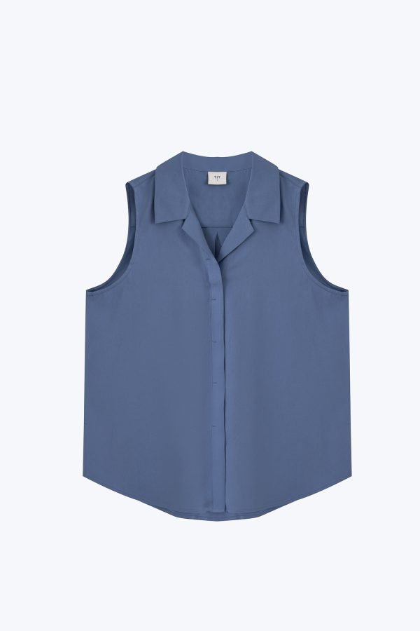 Notched Collar Sleeveless Blouse - Denim Blue