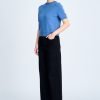 Knitted Ribbed Collar Top - Denim Blue