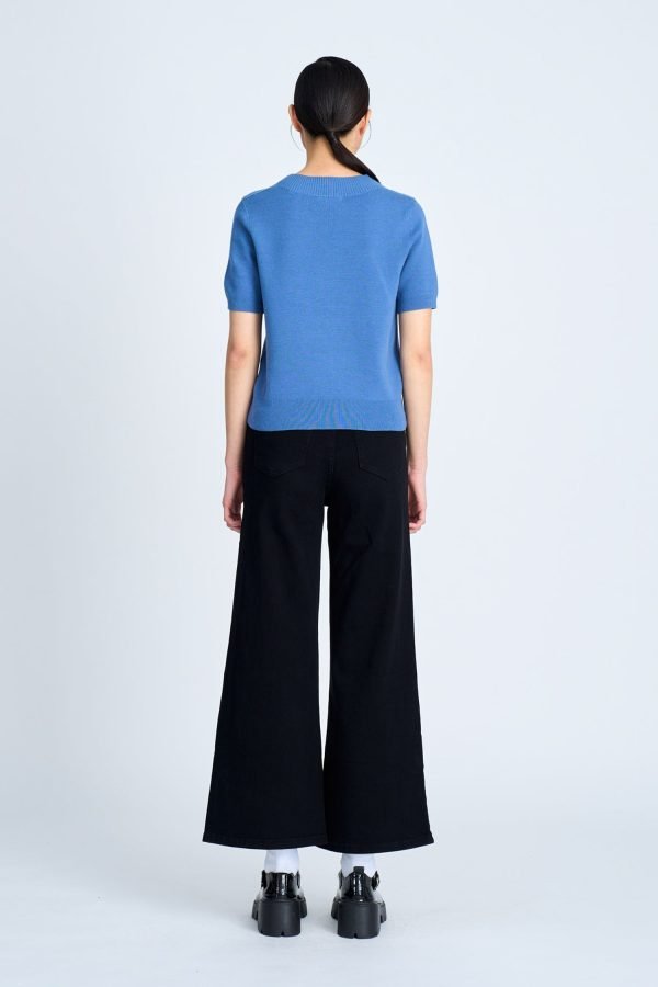 Knitted Ribbed Collar Top - Denim Blue