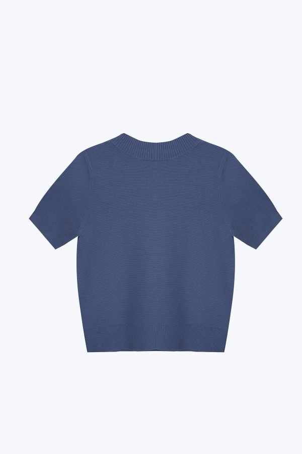 Knitted Ribbed Collar Top - Denim Blue