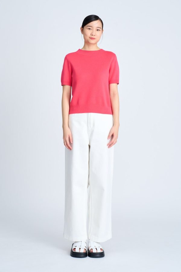 Knitted Ribbed Collar Top - Hot Pink