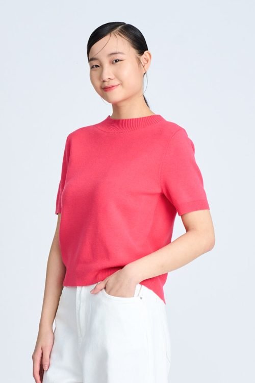 Knitted Ribbed Collar Top - Hot Pink