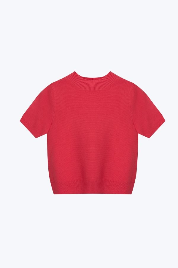 Knitted Ribbed Collar Top - Hot Pink