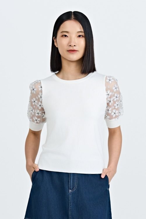 Knitted Floral Sleeve Top - Cream