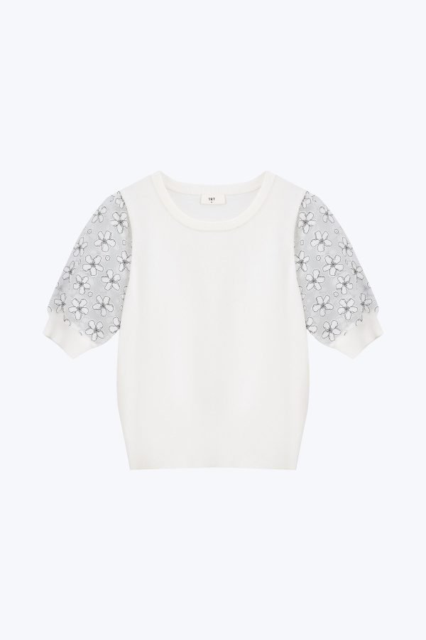 Knitted Floral Sleeve Top - Cream