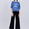 Textured Knitted Top w/ Embroidery Text - Denim Blue