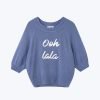 Textured Knitted Top w/ Embroidery Text - Denim Blue