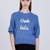 Textured Knitted Top w/ Embroidery Text - Denim Blue