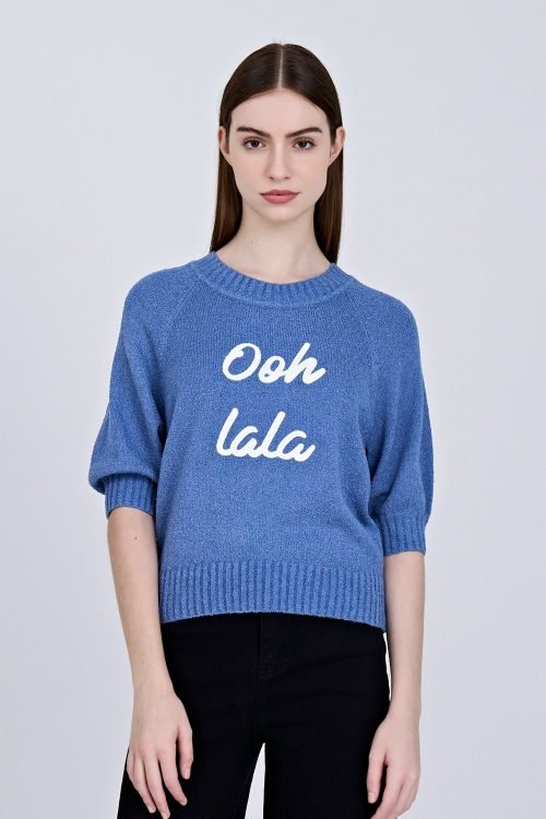 Textured Knitted Top w/ Embroidery Text - Denim Blue