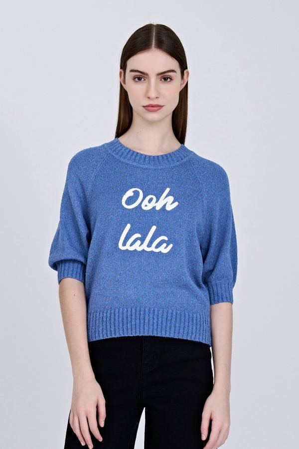 Textured Knitted Top w/ Embroidery Text - Denim Blue