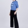 Textured Knitted Top w/ Embroidery Text - Denim Blue
