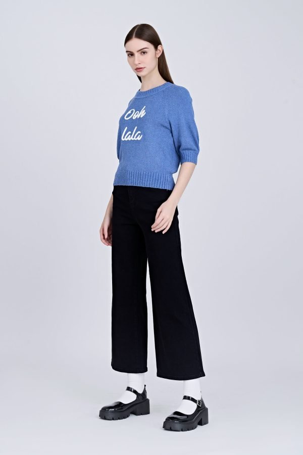 Textured Knitted Top w/ Embroidery Text - Denim Blue