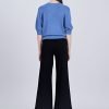 Textured Knitted Top w/ Embroidery Text - Denim Blue