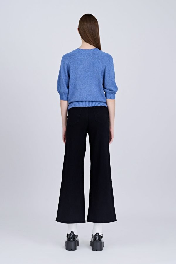 Textured Knitted Top w/ Embroidery Text - Denim Blue