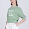 Textured Knitted Top w/ Embroidery Text - Pistachio