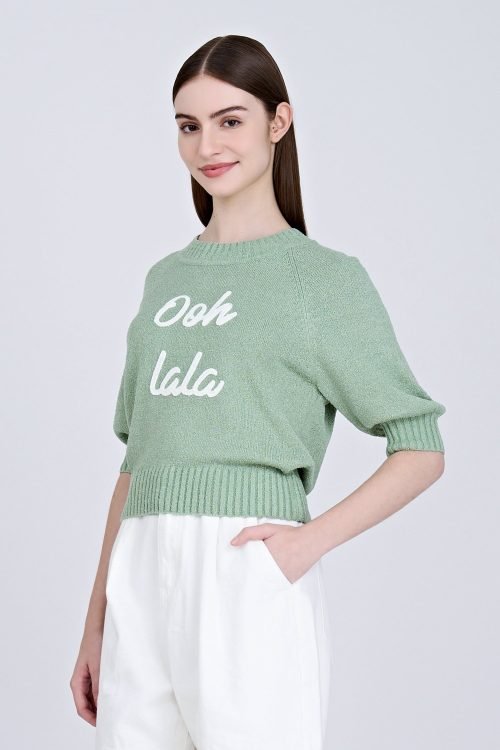 Textured Knitted Top w/ Embroidery Text - Pistachio