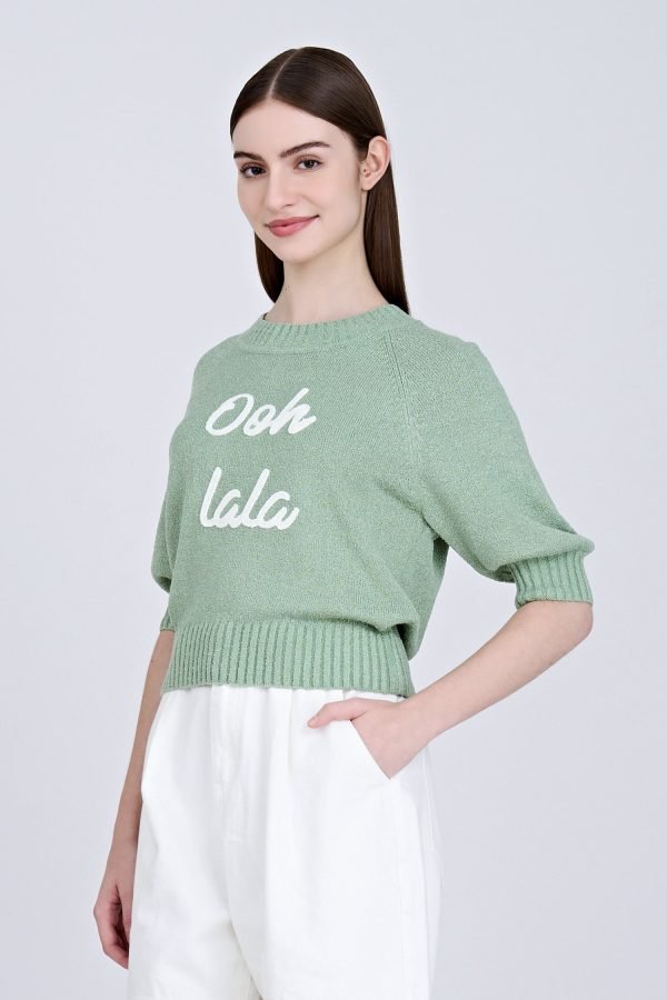 Textured Knitted Top w/ Embroidery Text - Pistachio