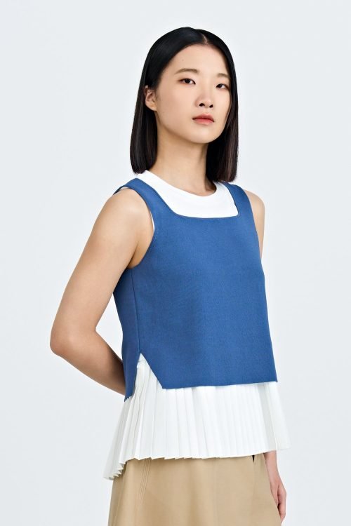 Knitted Two-Piece Pleated Top - Denim