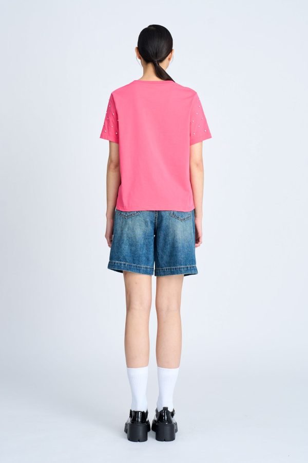 Rhinestone Sleeve Tee - Hot Pink