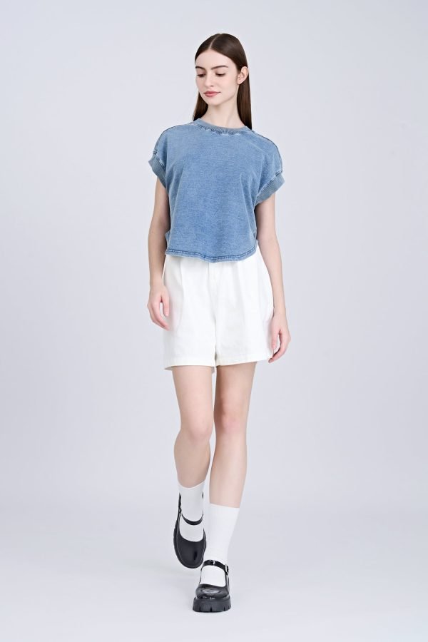 Denim Ribbed Collar Tee - Denim