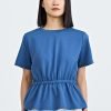 Overlap Draw Waist Tee - Denim Blue