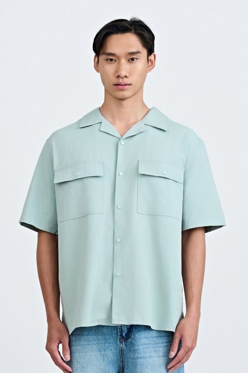 Relaxed-Fit Flapped Pocket Cuban Collar Top - Mint