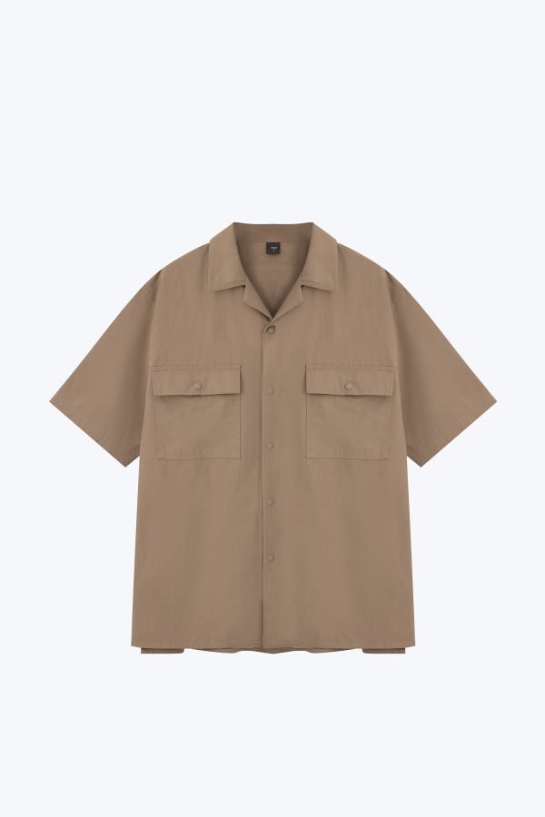 Relaxed-Fit Flapped Pocket Cuban Collar Top - Taupe