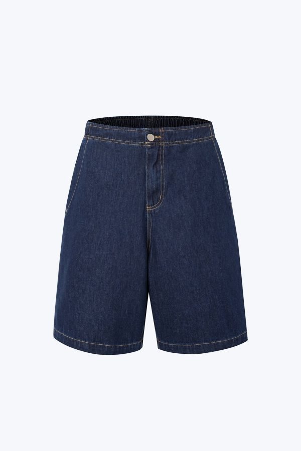 Contrast Stitch Baggy Denim Shorts - Dark Denim