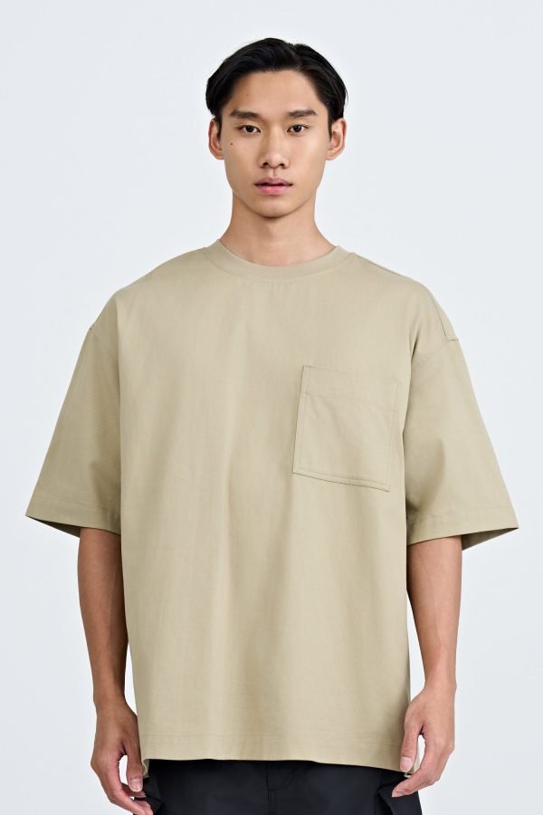 Denim Oversized Patch Pocket Tee - Khaki